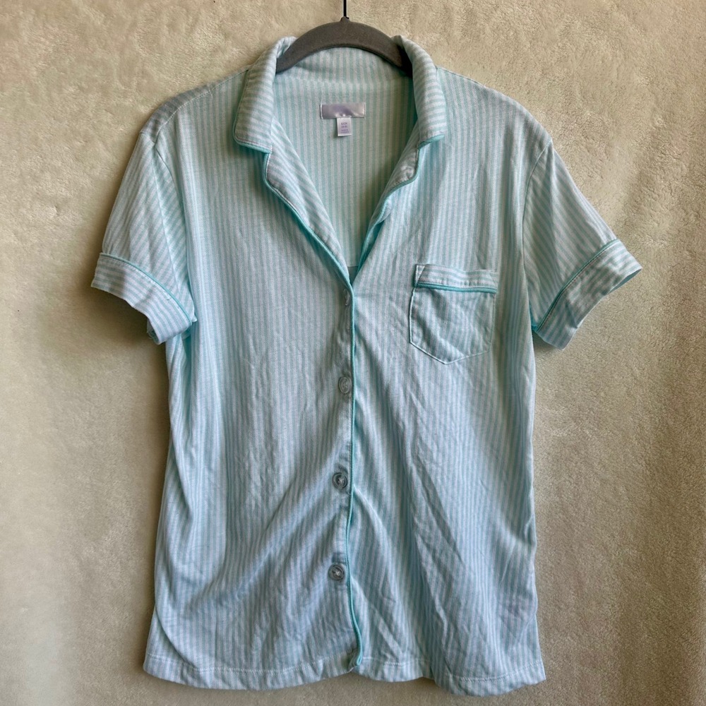 Secret Treasures Aqua Stripe Pajama Top Short Sleeve Pocket Sleep Shirt Small